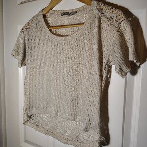 Chloe K Lace Knit Top Beige High-Low Hem Short Sleeve Festival Boho Layering